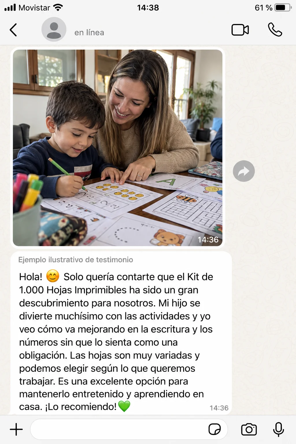 Captura de WhatsApp con el testimonio de una madre que ve mejorar la escritura y los números de su hijo con hojas muy variadas