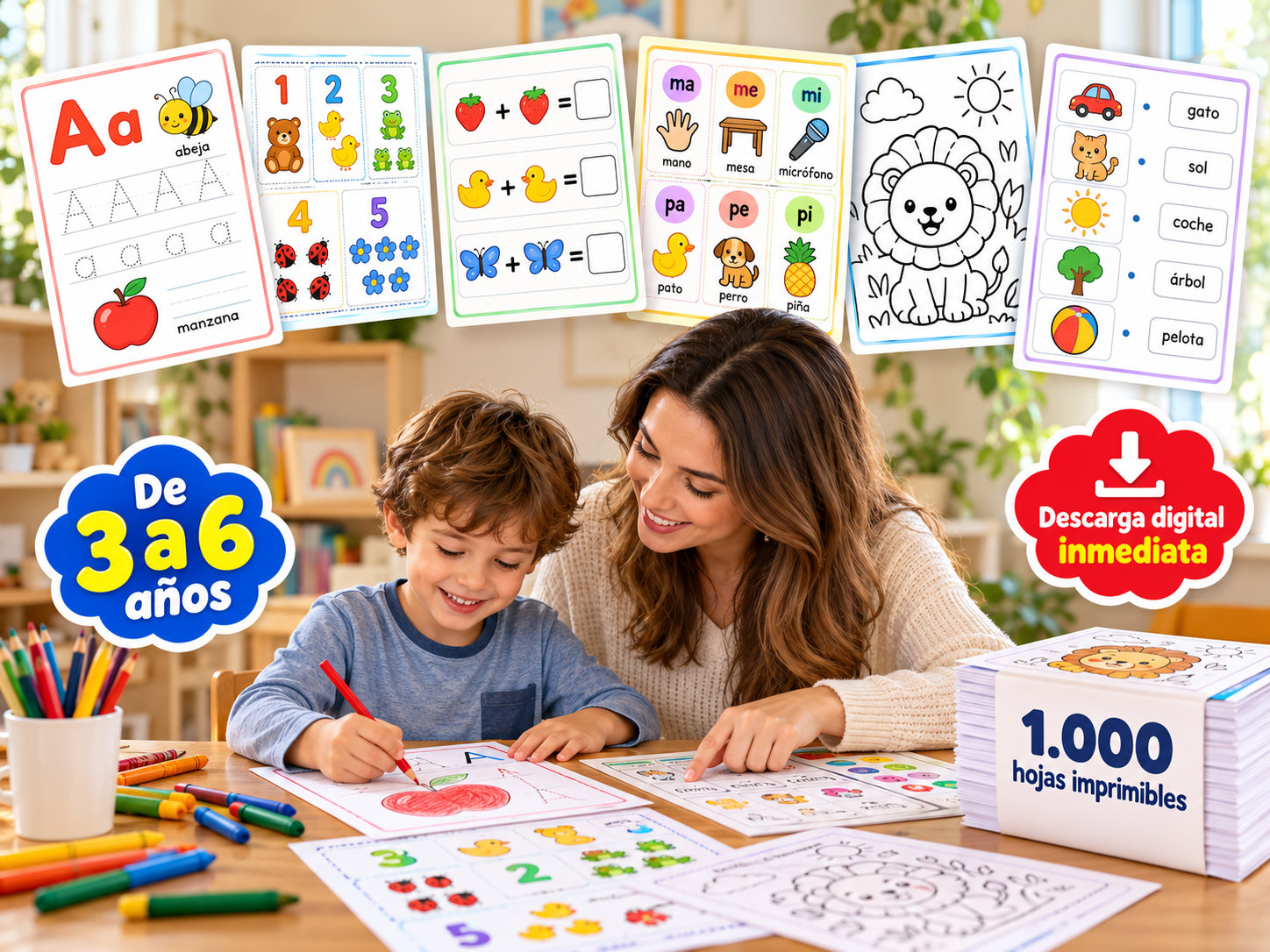 Una madre acompaña a su hijo mientras practica con hojas imprimibles del kit: letras, números, sumas, sílabas, dibujos para colorear y vocabulario, con la insignia De 3 a 6 años y Descarga digital inmediata
