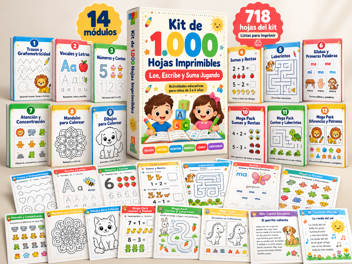 Los 14 módulos del Kit de Actividades para Primaria con ejemplos de sus hojas: trazos, letras, números, sumas, laberintos, sílabas, atención, mandalas, dibujos, mega packs, cuentos y canciones