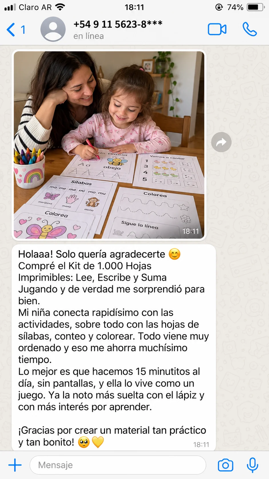 Captura de WhatsApp con el testimonio de una madre sobre las hojas de sílabas, conteo y colorear y la rutina de 15 minutos al día